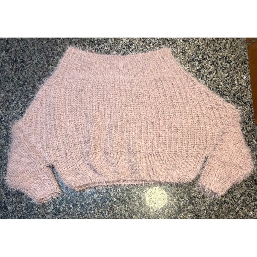 Lulus Mauve Pink Fuzzy Eyelash Knit Cropped Sweater Boat Neck M/L Slouchy Cozy